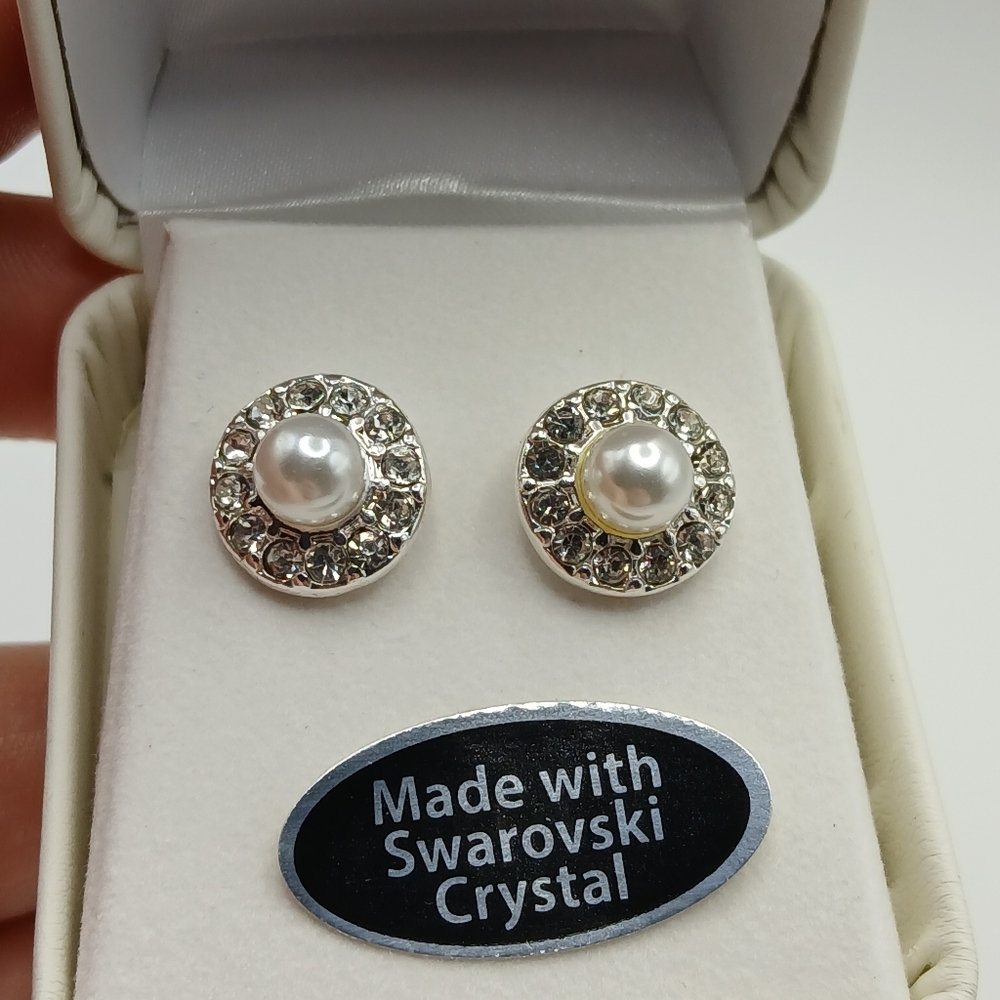 Pearl & Swarovski Crystal Stud Earrings – Silver Tone – New with Box